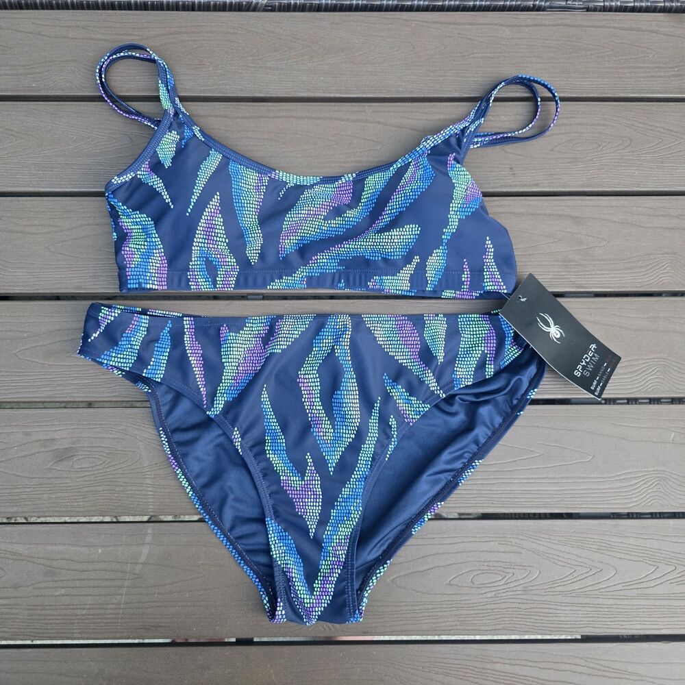 Spyder Women's Scoop Neck Blue/ Multicolor Mid Rise Bikini Swim Sz XL New